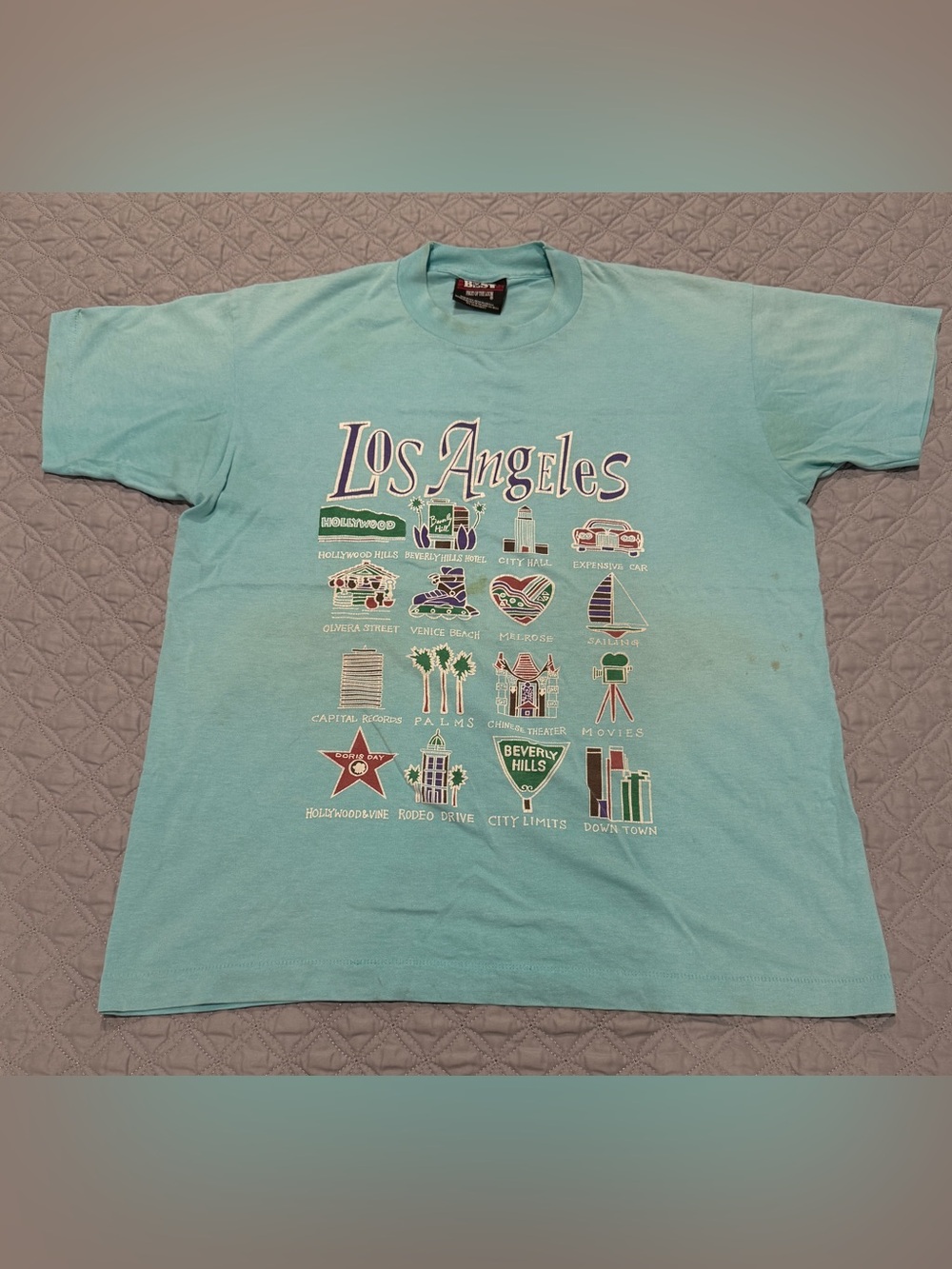 VTG Made In USA Fruit of the Loom Los Angeles Neighbors TShirt Mens L Aqua Blue